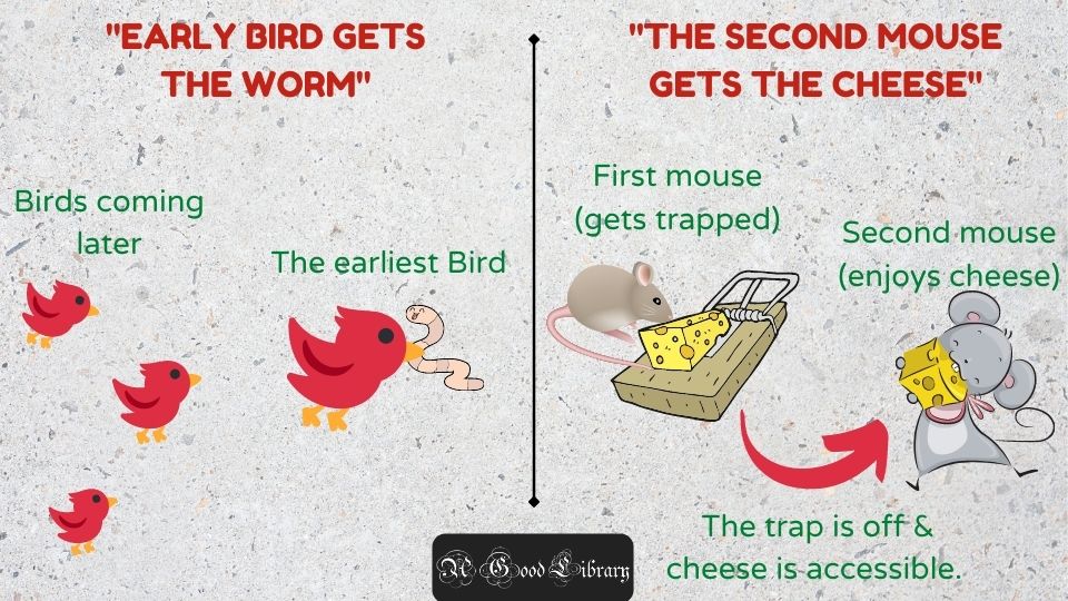 Early bird catches the worm & Second Mouse Get the Cheese - A Good Library - agoodlibrary.com - English Literary terms expressions phrases - Jui Shirvalkar